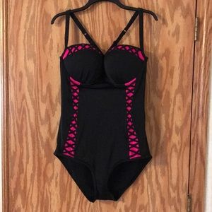 Hot Pink and Black One Piece Swimsuit
